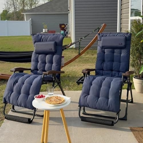 PURPLE LEAF Extra Wide Outdoor Reclining Chair Patio Zero Gravity Chaise Lounge Folding Chair with Removable Cushion Adjustable Headrest for Lawn Camping Beach Pool Navy Blue - Image 1