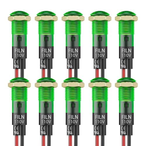 FILN 10PCS Small 110V LED Indicator Light, 8mm (5/16") IP67 Waterproof Low Power Pilot Lights Panel Mount for Car, Truck, Boat, Marine, Dash(110v, Green) - Image 1