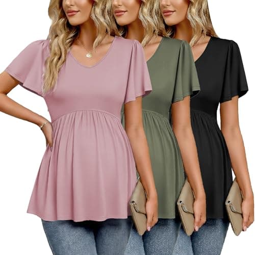 Ekouaer Maternity Shirts 3 Packs Flying Short Sleeve Maternity Tops V Neck T-Shirt Pregnancy Clothes Black/Army Green/Dirty Pink 2XL - Image 1