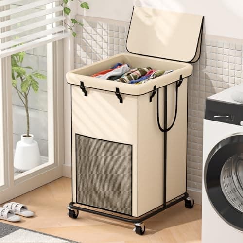Large Laundry Hampers with Lid, Oxford Fabric Laundry Hampers, Metal Frame and Removable Bag Design with Wheels, Suitable for Bedroom, Bathroom, Dorm Room, Laundry Room (White with Lid) - Image 1