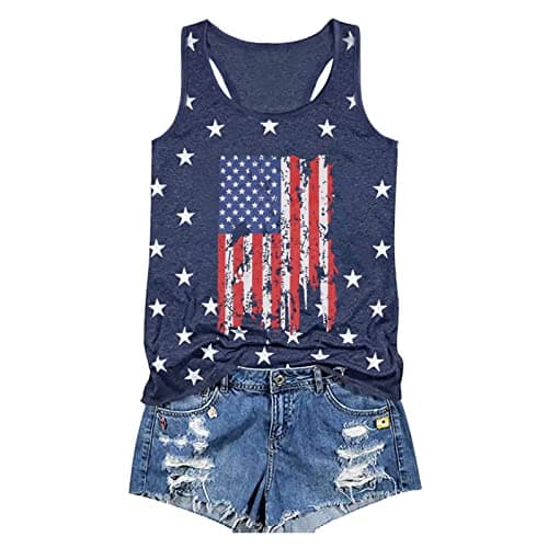Binshre USA Flag Print Tank Tops Women American Stars Stripes Patriotic T Shirt Summer Casual Vest Tees (Dark Blue #3, M) - Image 1