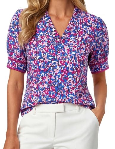 GRACE KARIN Women Boho Floral Tops, Summer Puff Short Sleeve Dressy Casual Shirts, 2026 Spring V Neck Vacation Work Blouse Purple Floral XL - Image 1