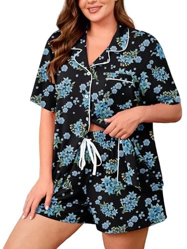 AusLook Plus Size Printed Pajama Set for Women Short Sleeve Button Down Sleepwear 2 Piece Loungewear with Pockets Notch Collar Drawstring Pajama Shorts Soft Comfy PJ 2X Set - Image 1