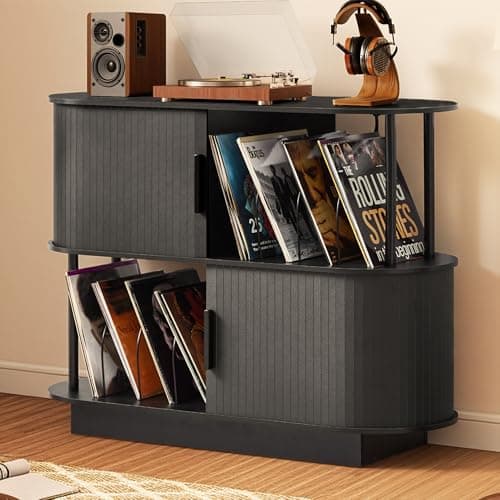 Modern Record Player Stand With Vinyl Storage, 40" Black Turntable Storage Stand with Sliding Door & Record Holder, Corner Rock Jazz BluesMusic Organize Cabinets for Living Room (Black, No-Socket) - Image 1