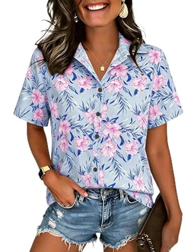 LILYCHIC Womens Short Sleeve Hawaiian Shirts Button Down Casual Floral Tropical Summer Beach Hawaiian Blouses Tops Purple L - Image 1