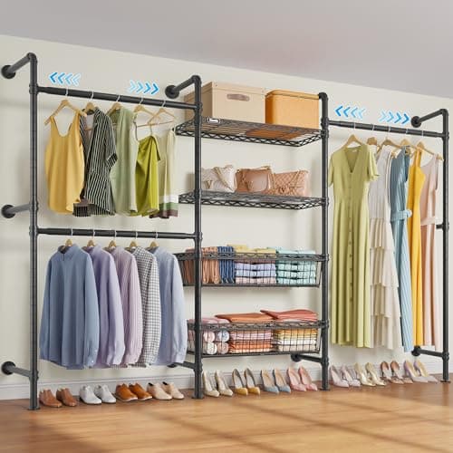 Timate X3 Expandable Heavy Duty Clothes Rack Wall Mounted Clothing Rack for Hanging Clothes, Industrial Pipe Closet System for Walk in Closet Kit Wall Mount Clothes Rack with Basket, Black Wall Closet - Image 1