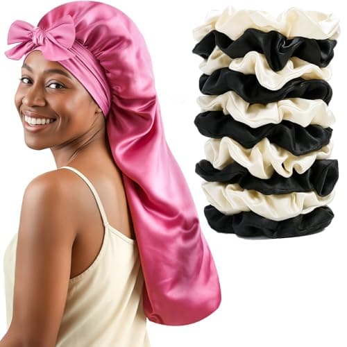 Women's Silky Bonnet - Long Tie Sleep Cap, Curly/Natural Hair, Adj. Night Hat, +10 Scrunchies, Mom/Wife - Image 1