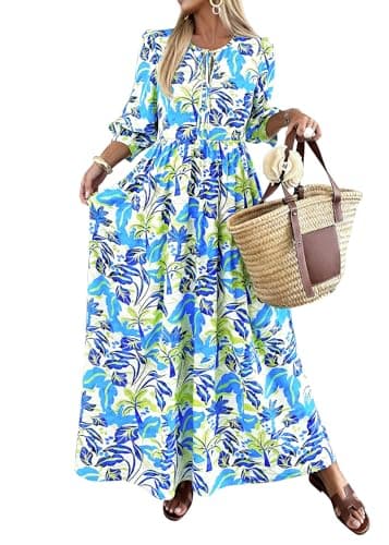 KIRUNDO Summer Dresses for Women 2026 Spring Wedding Guest Boho Floral 3/4 Sleeve Beach Vacation Cruise Flowy Maxi Dress(Blue Green, Medium) - Image 1