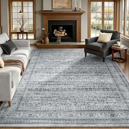 Vibrug 8x10 Foggy Grey Area Rugs for Living Room - Vintage Distressed Retro Washable Rug Non-Slip Low Pile Stain Resistant Neutral Large Carpet for Dining Under Table, Bedroom, Office, Nursery - Image 1