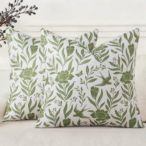 decorUhome Floral Throw Pillow Covers 20x20 Inch Set of 2, Sage Green Vintage Block Print Linen Spring Pillow Covers, Rustic Neutral Toile Farmhouse Decorative Square Pillowcases for Couch Sofa - Image 1