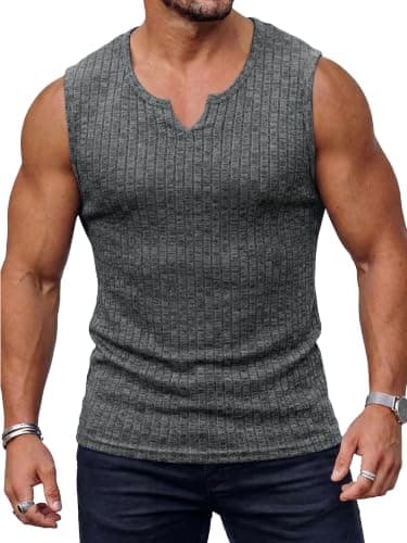 JEMLDL Men's Basic Tank Tops Sleeveless Knit Ribbed V Neck Casual Daily Shirts Muscle Gym Fitness Tee Dark Gray S - Image 1