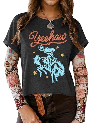 TAKEYAL Womens Western Tops Cowgirl Grahpic Tshirts Cute Vintage Summer T Shirts with Roll-Up Cuff Sleeves 2026 Black B - Image 1