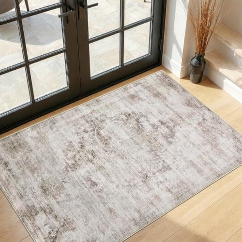 2'x3' Washable Area Rug Non-Slip, Vintage Floral Medallion Distressed Entryway Kitchen Bathroom Mat, Soft Low Pile Indoor Floor Carpet for Hallway Laundry, Ivory & Weathered Taupe Vintage-Style - Image 1