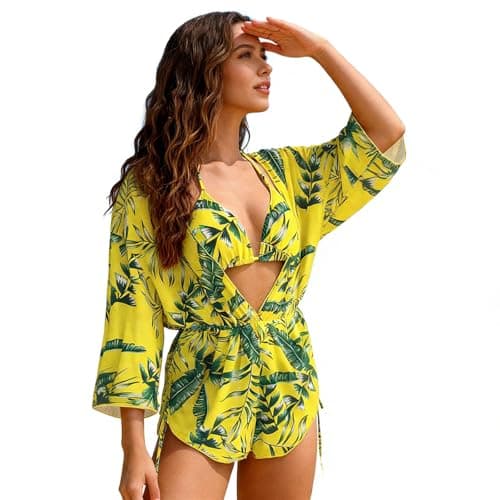 Bolsamila Women's 3 Piece Bikini Set Leaf Print Halter Swimsuits with Mesh Long Sleeve Cover Up Quick Dry Stretchy Swimwear Beach Pool Vacation Large Yellow Green - Image 1