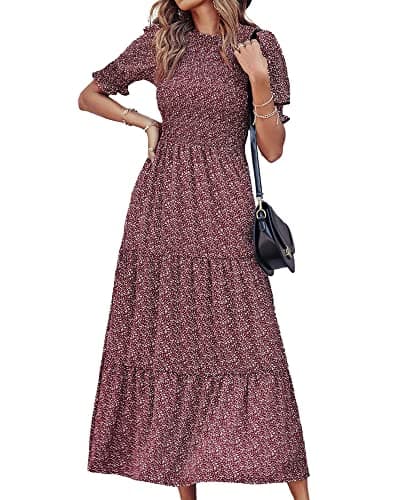 BTFBM Women Casual Summer Dresses 2026 Spring Crew Neck Ruffle Short Sleeve Smocked Floral Boho Flowy Maxi Dress Clothes(Floral Wine Red White, Large) - Image 1