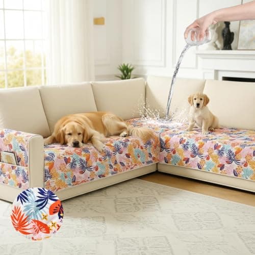 ALIECOM L Shaped Couch Cover for Sectional Sofa Waterproof Sofa Slipcover Non Slip Corner Couch Covers for Dogs Cats (X-Large, Tropical Leaf)