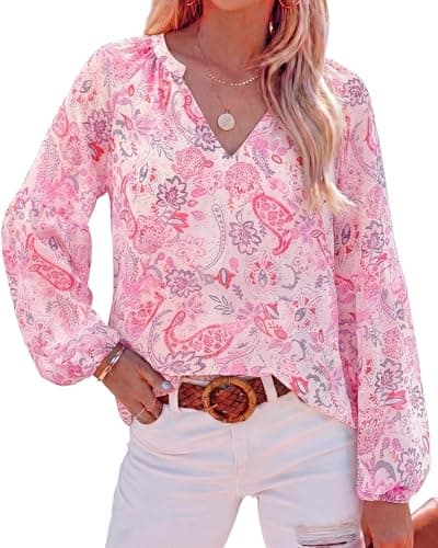BTFBM Blouses for Women Dressy Casual Floral Summer Boho Tops V Neck Lightweight Long Sleeve Shirts Spring Clothes 2026(Floral Print Pink, X-Large) - Image 1