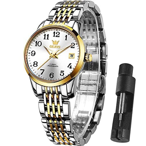 OLEVS Watch Women Automatic Easy Read Watch Waterproof Ladies Watches Mechanical Sliver Gold Watches for Women Luxury Dress Women's Wrist Watches with Calendar White Face Small Dial Gift - Image 1
