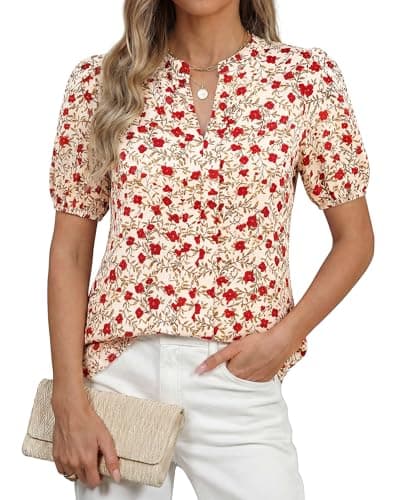 BTFBM Womens Tops 2026 Spring Casual Loose Puff Sleeve V Neck Floral Satin Work Blouse Dressy T Shirts Silk Tunics(Floral Apricot Red,Large) - Image 1