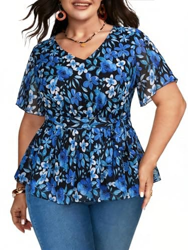 Plus Size Floral Womens Tops Short Sleeve Blouses for Women Elegant V Neck Dressy Casual Shirts with Belt Blue-Black - Image 1