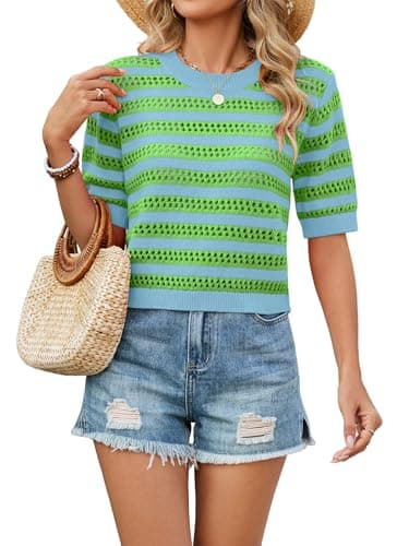 Bellcoco Crochet Tops for Women Spring Summer Short Sleeve Pullover Sweaters Crop Top Vacation Outfits Beach Cover Ups Cute Hollow Out Fashion Clothes 2026 Blue Green Small - Image 1