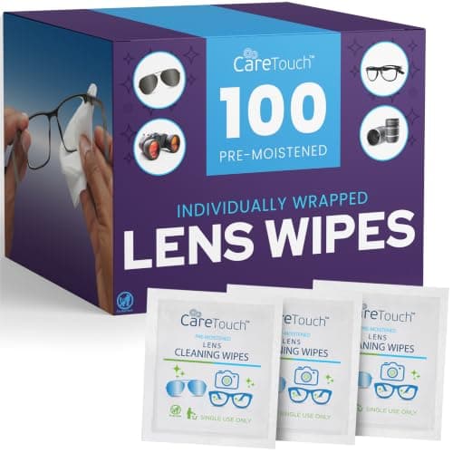 Care Touch Lens Wipes for Eyeglasses- 100 Count Individually Wrapped Pre- Moistened Wipes, 5 x 6 Inch- Camera Lens, Sunglasses and Glasses Cleaner,- Gentle and Portable for Cleaning of Optical Devices - Image 1