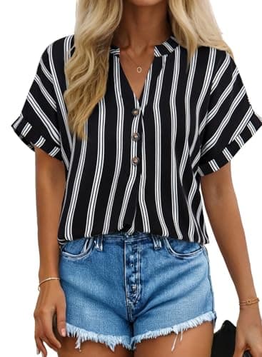 Dokotoo Womens Shirts Business Casual Button Tops for Women Trendy 2026 Summer Lightweight Striped Color Block Shirt Fashion Roll Up Short Sleeve Blouses Black X-Large - Image 1