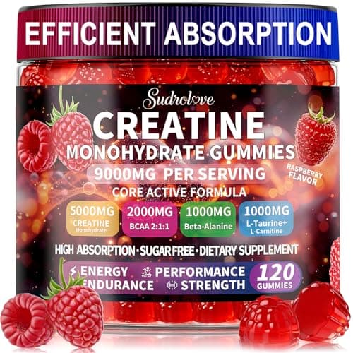 sudrolove Creatine Monohydrate Gummies with BCAA, Beta-Alanine, L-Taurine, L-Carnitine, Vitamins B6 & B12, Raspberry Flavor, Pre Workout Chewable Supplement for Men & Women, 120 Count,Raspberry