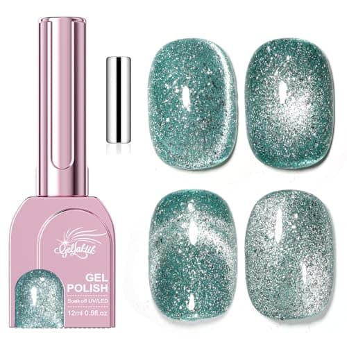 GELLAKTIK Green Cat Eye Gel Nail Polish with Magnetic Stick - 12ML Glitter Magnetic Nail Polish for Multiple 3D Effects, Soak Off UV LED Gel Polish for DIY Manicure Salon Gifts for Women