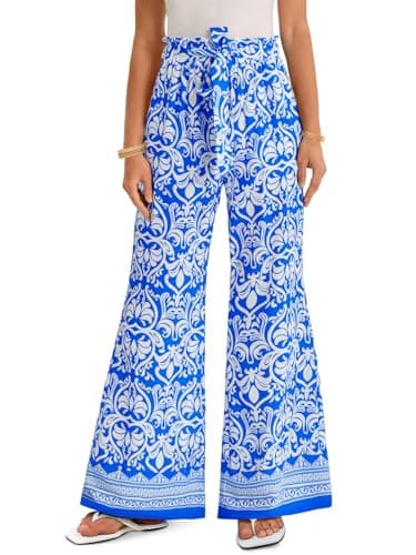 Yousify Women's Wide Leg Boho Pants High Waisted Printed Palazzo Pants Casual Flowy Tie Knot Vacation Trousers with Pockets Blue - Image 1
