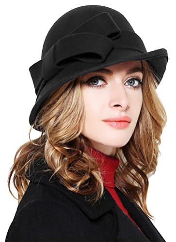 Bellady Women Solid Color Winter Hat 100 percent Wool Cloche Bucket with Bow Accent,Black, One Size - Image 1