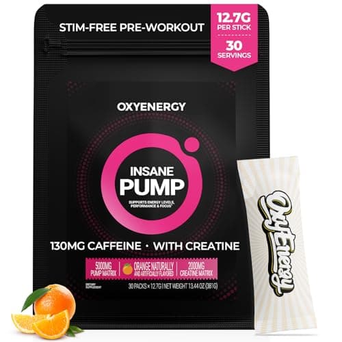 OxyEnergy Stim-Free Pre Workout Powder -Orange, 30 On-The-Go Packets, 130mg Low Caffeine with Beta Alanine, L-Citrulline, Creatine & Taurine |Pump, Energy & Focus, for Sensitive Users, Evening Workout - Image 1