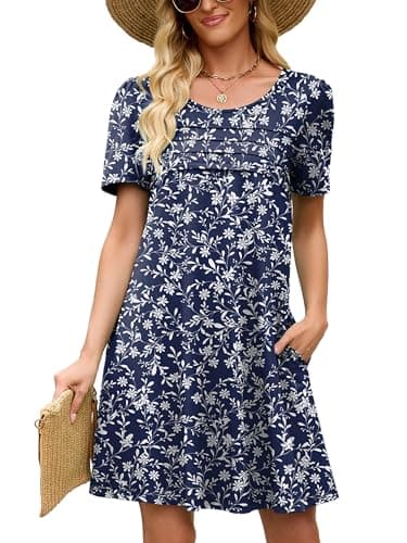 Heymoments Women's Short Sleeve Dress Floral Print XX-Large Plus Size Crewneck Casual Flowy Above Knee Length Sundress Comfortable Shirt Work Summer Cheap Dresses with Pockets - Image 1