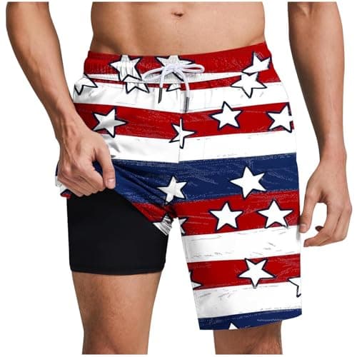 Mens Swim Trunks with Compression Liner - 4Th of July Bathing Suits for Men Quick Dry Elastic Waist Drawstring Swimwear American Flag Print Board Shorts Beachwear Vacation Outfits Summer Clothes - Image 1