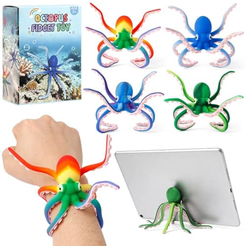 Octopus Fidget Toy - Sensory Stress Relief Toy with Suction Cups for Kids Teens and Adults - Bendable Tentacles Squishy Toy for Anxiety Relief (2 Pcs-Camoblue&Rainbow)