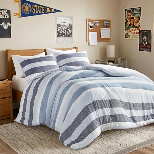 Regency Heights Full/Queen Size Comforter Set Navy Blue - 3 Pieces Modern Striped Quilt Bedding for Dorm All Season Soft Lightweight Reversible Bed Set with Comforter & Shams - Image 1