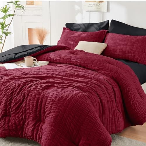 HYMOKEGE Red & Black Queen Comforter Set Seersucker 7 Pieces, All Season Luxury Bed in a Bag for Bedroom, Bedding Set with Comforters, Sheets, Pillowcases & Shams - Image 1
