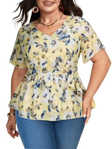 Plus Size Floral Womens Tops Short Sleeve Blouses for Women Elegant V Neck Dressy Casual Shirts with Belt Yellow - Image 1