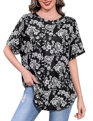 Totatuit Women's Summer Tunic Tops for Leggings Half Sleeve Crewneck Oversized T Shirts Casual Loose Fit Graphic Blouses Hide Belly Flower Pattern Top - Image 1
