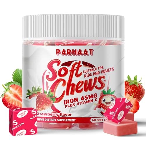 Parhaat Iron Soft Chew Supplement with Vitamin C | Strawberry Flavored | Gluten Free | Iron Supplement for Women Men and Kids | 60 Count | 2 Month Supply - Image 1