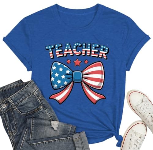 4th of July Teacher Bow Shirt for Women-Cute USA Teacher Short Sleeve Patriotic Cartoon Bow Tee Tops A-Blue - Image 1