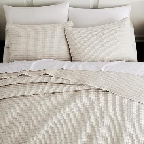 Beige Pick Stitch Oversized King Size Quilt Set, California King Striped Lightweight Soft Summer Spring Bedspread, Bamboo Linen Like Textured Coverlet, Chambray Farmhouse Country Rustic Bedding - Image 1