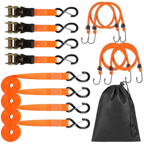 4 Pack Ratchet Straps Tie Downs Heavy Duty 1500 LBS Break Strength, Orange Tie Down Straps with S Hooks and Safety Clips, 4 Bungee Cords, Storage Bag for Motorcycle, Truck, Cargo, UTV, Trailer - Image 1