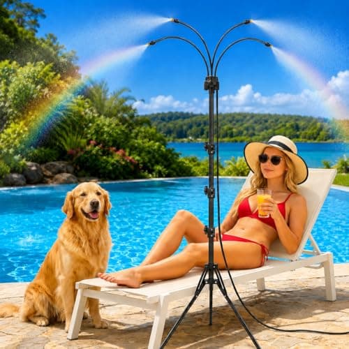 Upgraded Standing Misters for Outside Patio, 6FT Height Adjustable Outdoor Misting System, Portable Cooling Mister with Tripod, Brass Nozzles & 26FT Hose, Sprinkler for Tanning Backyard, Garden, Pets - Image 1