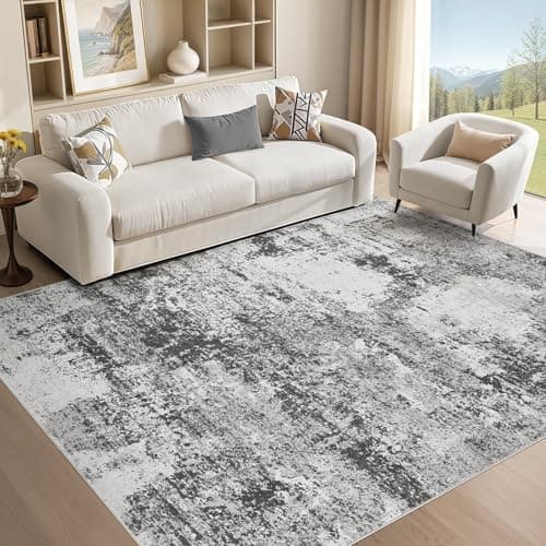 Micgeek Area Rug Living Room - 5X8 Abstract Washable Large Soft Foldable Non Slip Rug Neutral Modern Low Pile Carpet for Bedroom Nursery Dining Room Kitchen Home Office Indoor - Grey - Image 1