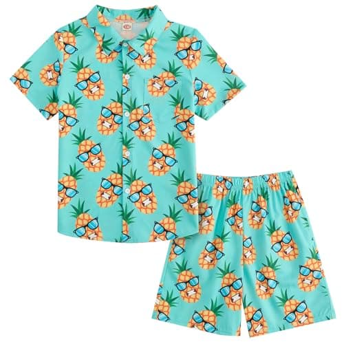 JiAmy Boys Hawaiian Outfit 2 Piece Button Down Short Sleeve Shirt and Shorts Set with Pockets Size 9-10 Glasses Pineapple Green - Image 1