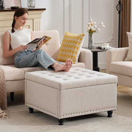 Tbfit Large Square Storage Ottoman Bench, Botton Tufted Upholstered Coffee Table with Wooden Legs, Oversized Storage Ottomans Toy Box Footrest for Living Room, Apartment, Beige - Image 1