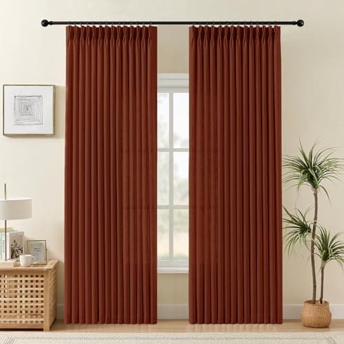 Pinch Pleated Linen Curtains 84 Inch Length 2 Panels Set, Light Filtering Linen Textured Sheer Drapes Memory Trained Pleated Curtain Back Tab for Bedroom Farmhouse with Hooks Rings, Chestnut Brown - Image 1