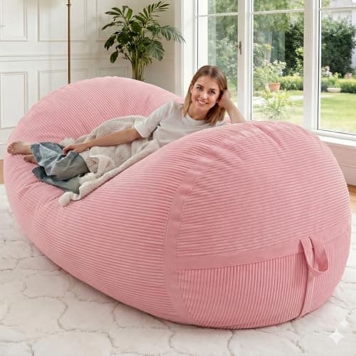 HABUTWAY Bean Bag Chair, 5FT Giant Bean Bag Chair with Memory Foam, Ultra-Soft Corduroy Cover & Zipper Design, Portable Handle – Comfy Bean Bag Sofa for Living Room, Bedroom, No Assembly - Pink - Image 1