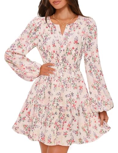 MEROKEETY Fall Wedding Guest Dresses for Women Long Sleeve Floral Casual Lightweight Flowy Swing Boho Dress Pockets, Apricot, Medium - Image 1